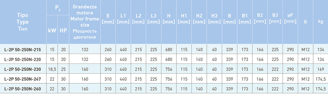 Габаритные и присоединительные размеры насосов Saer L-2p 50-250n